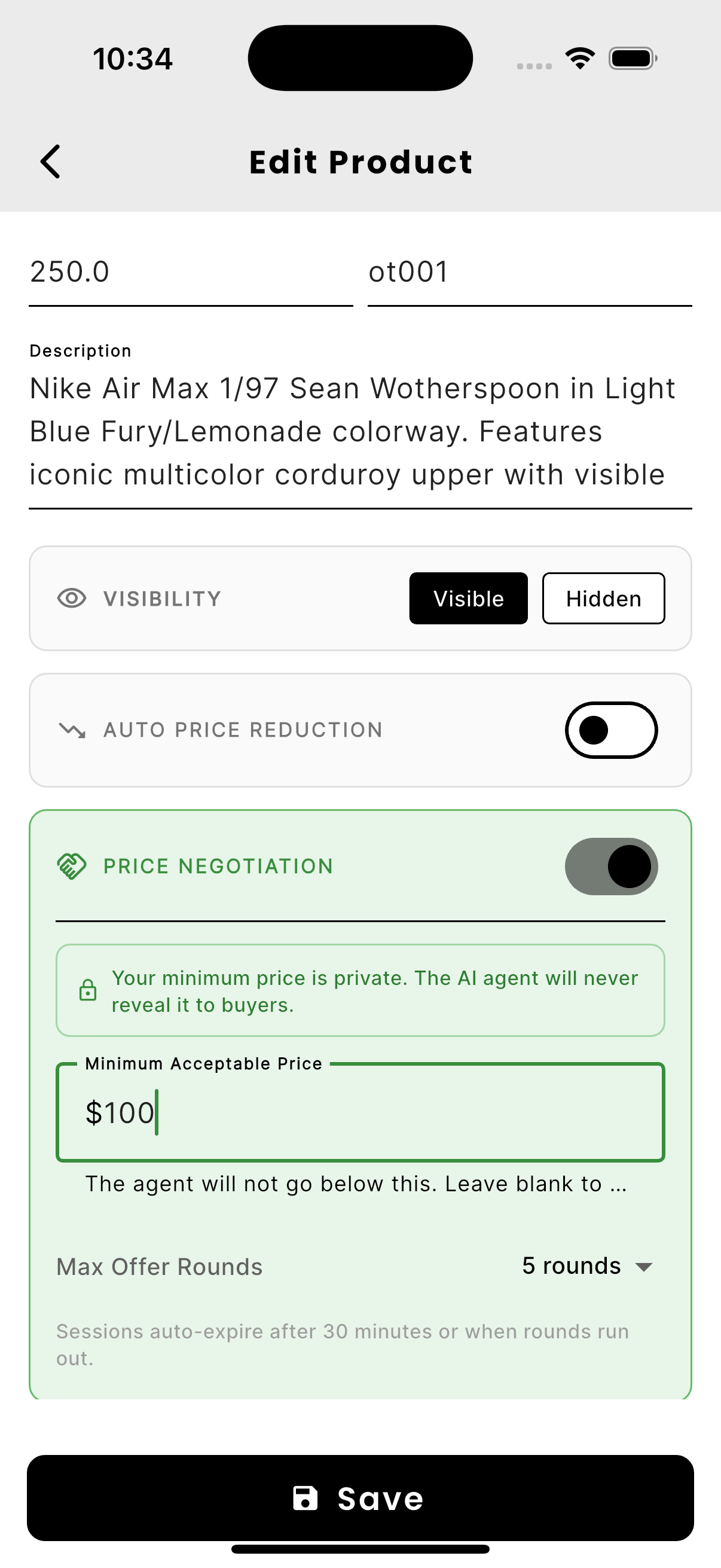 vndy app AI price negotiation settings