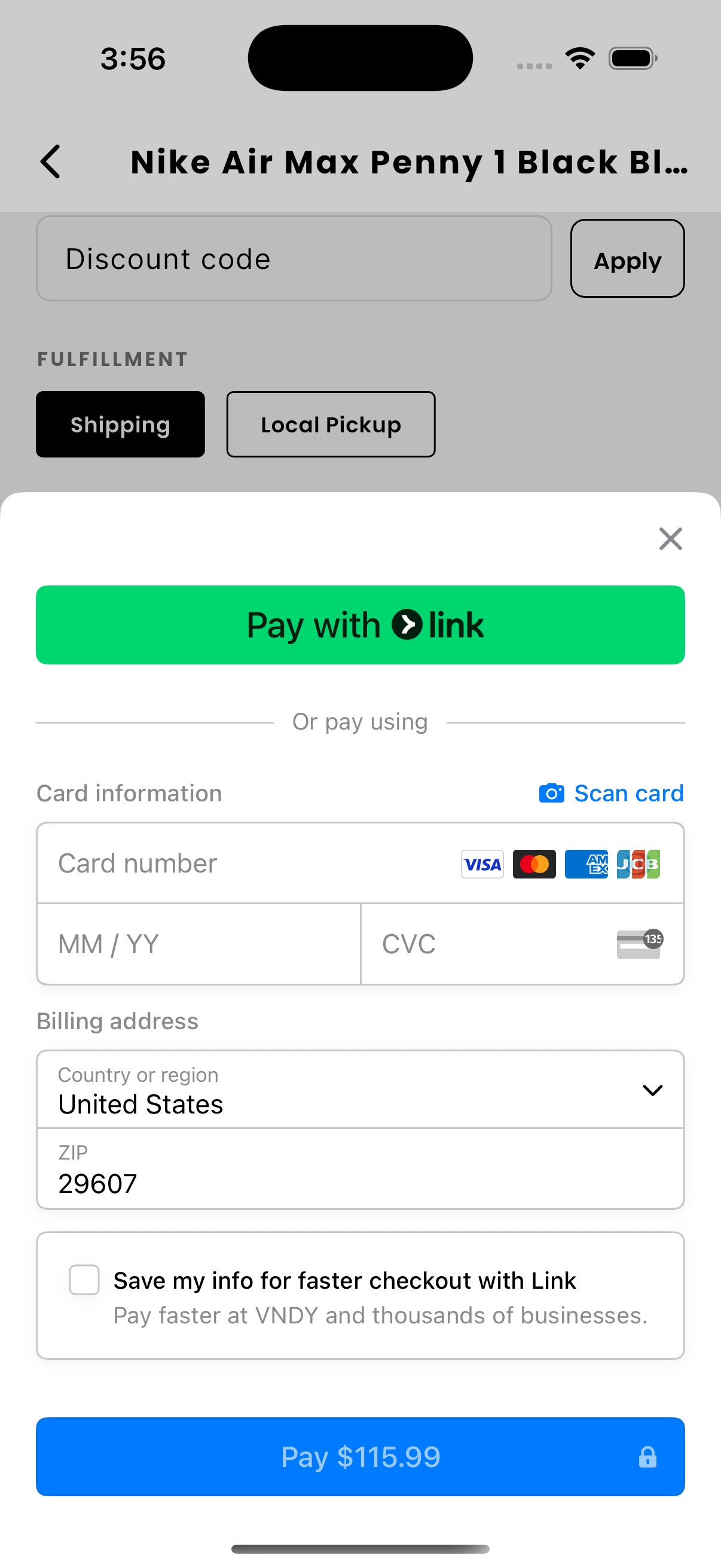 vndy app secure checkout screen