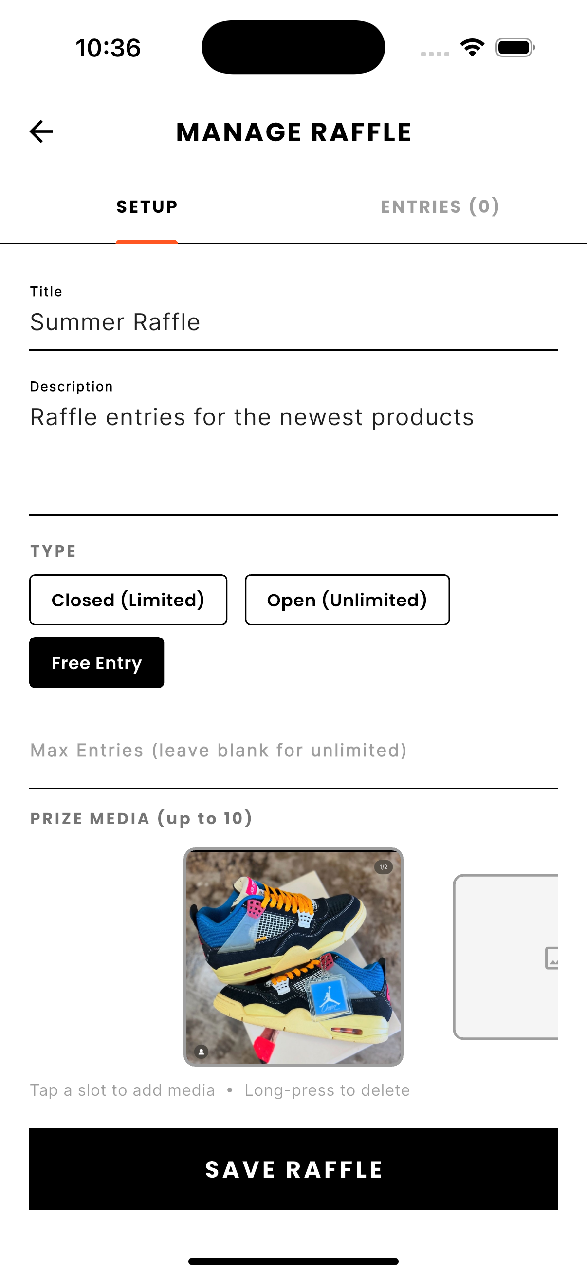 vndy app raffle setup screen